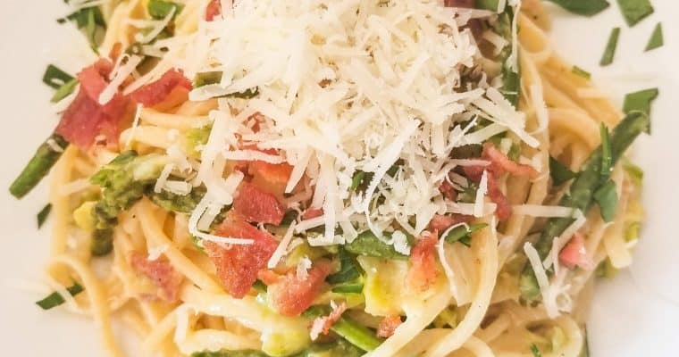 Asparagus & Brussel Sprout Carbonara with Bacon